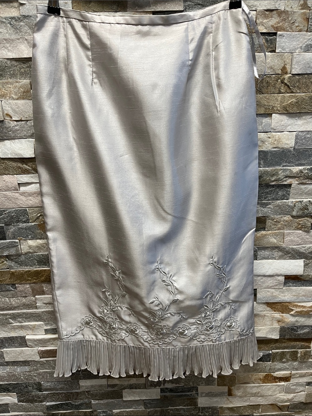 Plaza South Silver Satin Midi Skirt with Embroidered Hem and fringe